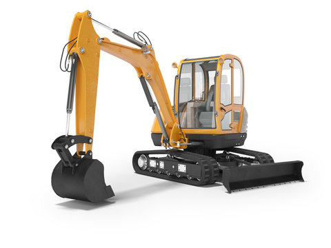 Orange mini excavator with hydraulic mechlopata with leveling bucket in motion 3d render on white background with shadow