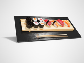 Sushi set for cooking and sale front view 3D render on gray background with shadow