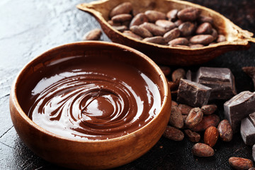 Melting chocolate, melted chocolate and chocolate swirl with stack and chips on table