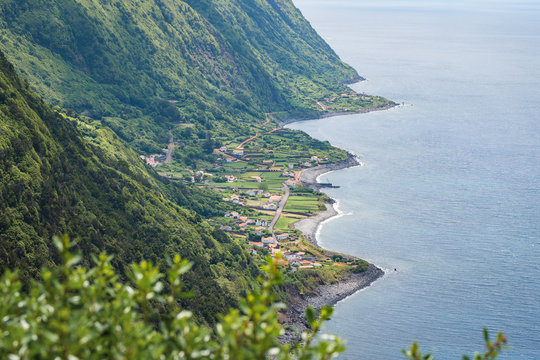 High angle view of the Coastline of Sao Jorge, with cliffs and the famous Faj&atilde;s, Sao Jorge Island, Azores Islands, Portugal