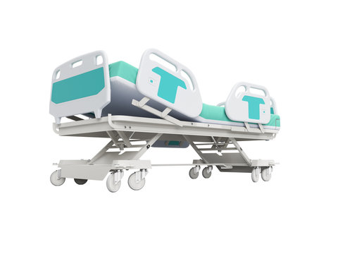 Blue hospital bed with lifting mechanism on stand alone remote control 3D render on white background no shadow