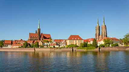 Naklejka premium A view of the historic part of Ostrow Tumski from the boulevard on the Odra.