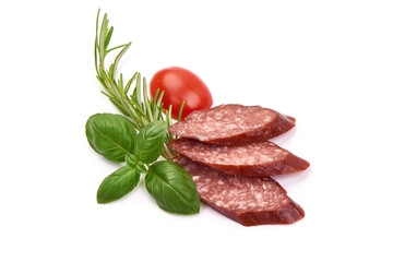 Sliced Dry spanish sausage, isolated on white background