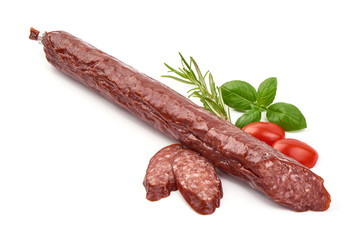 Smoked salami sausage, isolated on white background