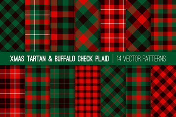 Christmas Red Green Black Tartan and Buffalo Check Plaid Vector Patterns. Rustic Xmas Backgrounds. Hipster Lumberjack Flannel Shirt Fabric Textures. Pattern Tile Swatches Included. - 289354196