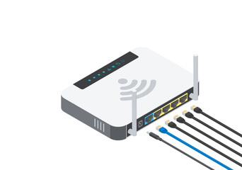 Isometric wireless router with two antennas and data connectors isolated on white background. Wi-fi icon, high-speed internet connection.