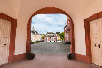 Bruchsal Palace, View through the side corridor to the front yard, Bruchsal, Baden-Wuerttemberg, Germany, Europe