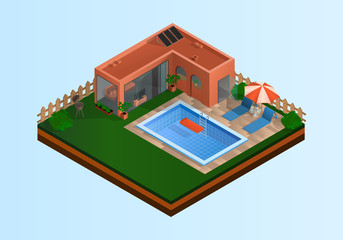 Isometric vector illustration with house, pool and grill area. It is summer time and the weather is nice.
