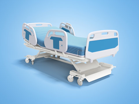 Blue hospital bed with lifting mechanism on standalone control panel isolated 3D render on blue background with shadow