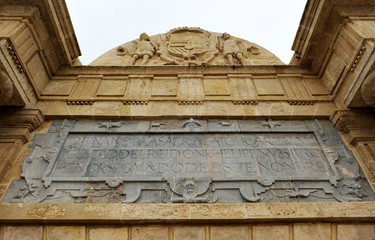 Closeup of Bridge Gate (Puerta del Puente), Arc de Triomphe located at entrance of the Roman Bridge in Cordoba, Andalusia, Spain