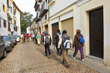 Group of tourists with backpack on a cultural tour through the streets of the city of Cordoba in...