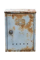 Old rusty metal mailbox isolated on white background. Rusty grey mailbox.