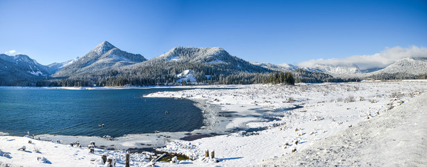 Snowcap Mountain Of The Cascade Mountain Range and Keechelus Lake On A Nice Sunny Winter, Snoqualmie Pass, Washington, United States 