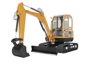 Orange mini excavator with hydraulic mechlopatoy on crawler rubber track with leveling bucket 3d render on white background no shadow
