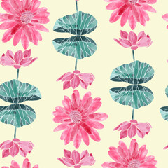 pattern with Watercolor lotus flowers and leaves.