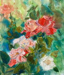 Painting oil on cardboard. "Blossom roses in the garden." Sketch. Mixed technique: brush and palette knife