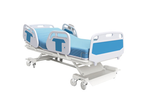 Blue hospital bed with lifting mechanism on standalone control panel isolated 3D render on white background no shadow