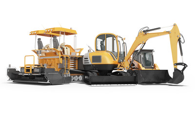 Concept road machinery paver excavator small loader 3d render on white background with shadow