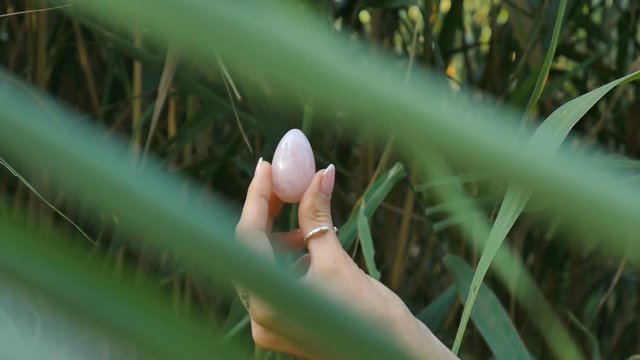 Rose quartz gem in hands on green stems background outdoors. Female hand with french manicure holding pink crystal yoni egg for vumfit, imbuilding or meditation.
