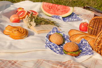 Lunch in the park on the green grass. Summer sunny day and picnic basket