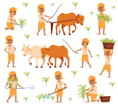 Set of images of a farmer in traditional Indian clothing. Vector  illustration. Stock Vector | Adobe Stock
