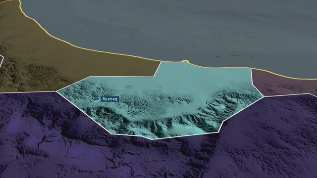 Al Batinah South - region of Oman with its capital zoomed on the administrative map of the globe. Animation 3D