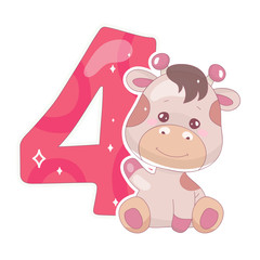Cute four number with baby giraffe cartoon illustration. School math funny font symbol and kawaii animal character. Kids scrapbook sticker. Children 4 years old birthday and anniversary number clipart