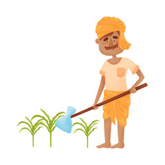 Man in Indian clothes with a hoe. Vector illustration.