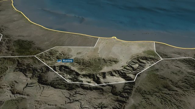 Al Batinah South - region of Oman with its capital zoomed on the satellite map of the globe. Animation 3D