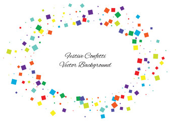 Festive color square confetti background. Abstract frame confetti texture for holiday, postcard, poster, website, carnival, birthday, children's parties. Cover confetti mock-up. Wedding card layout