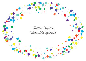 Festive color square confetti background. Abstract frame confetti texture for holiday, postcard, poster, website, carnival, birthday, children's parties. Cover confetti mock-up. Wedding card layout