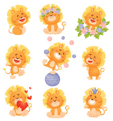 Set of cute cartoon lion cubs. Vector illustration on a white background.