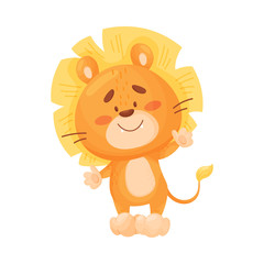 Cute cartoon lion cub stands. Vector illustration on a white background.