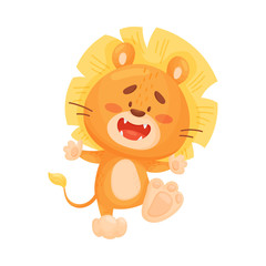 Cartoon lion cub dancing. Vector illustration on a white background.