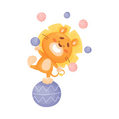 Cartoon humanized lion cub juggler. Vector illustration on a white background.