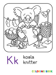 Koala bear knitter ABC coloring book. Alphabet K