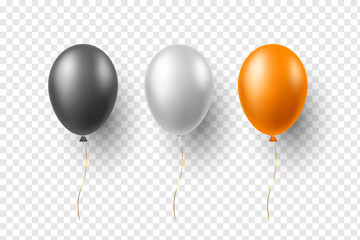 Set of vector glossy balloons in black, white and orange colors. 3d realistic decorative elements for holiday design. Isolated on transparent background. © VectorLM