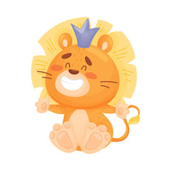 Cute little lion in the crown. Vector illustration on a white background.