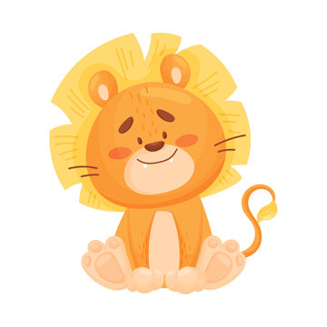 Cute little lion is sitting. Vector illustration on a white background.