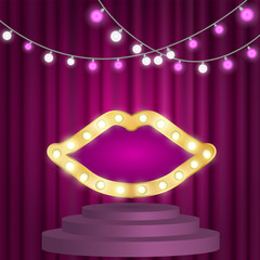 Marquee mouth sign with electric bulbs light vector effect on velvet curtains background. Winner award podium with golden metallic frame for romantic wishes, congratulations. Old cinema style poster.