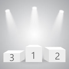 Winner podium vector set for competition results award ceremony. Sports or business success symbol. Spotlights illumination frame. First, second and third places cubes. Three dimensional pedestal.