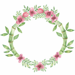 Hand drawn watercolor  bamboo wreath with sakura flowers and leaves in round shape illustration.Bamboo wreath/frame for wedding, birthday invitation.
