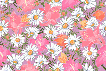 Art floral vector seamless pattern. Garden flowers isolated on pale violet background.