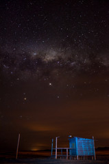 Lonely wooden cabin under a starry sky - Night photography