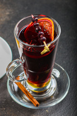 mulled wine (delicious and festive drink) menu concept. food background. copy space. Top view