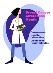 Breast cancer early detection concept. Breast Cancer Awareness Month. Hand drawn female doctor with a mammogram, informational text