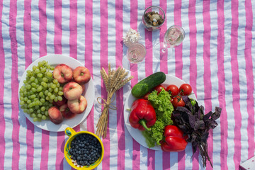 Beautiful picnic with fruits, vegetables and glasses of wine near lake. 