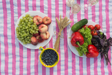 Beautiful picnic with fruits, vegetables and glasses of wine near lake. 