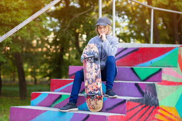 Fototapeta premium Young sporty girl riding on longboard in park.