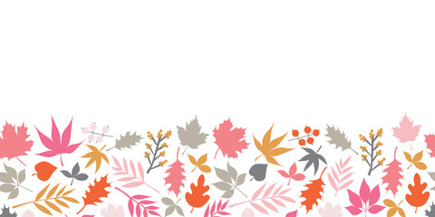 Autumn leaves seamless vector border. Scandinavian style feminine repeating doodle pattern. Red pink gold gray leaf illustration. For fall decoration, Thanksgiving card, fabric, ribbons, banner